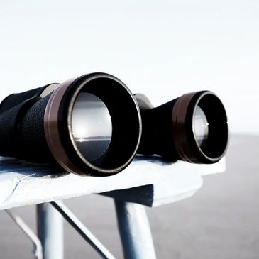 Binoculars resting on a bench facing the water with the shoreline and sunset reflected in the lenses