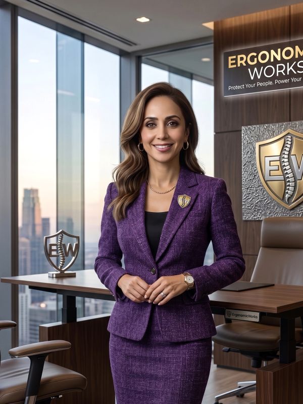 Professional woman in purple suit standing confidently in a modern office.