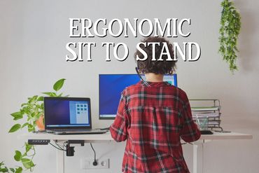 Person working at an ergonomic sit-to-stand desk with dual monitors and plants.