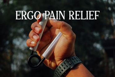 Hand gripping a metallic exercise tool with 'ERGO PAIN RELIEF' text.