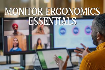 Man working with multiple monitors during a video call, focusing on ergonomics.
