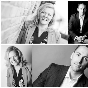 Black and white portraits of a smiling woman and a serious man in business attire.
