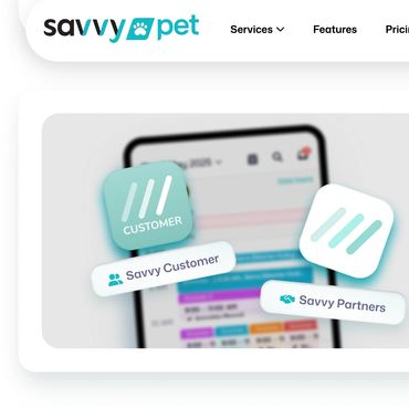 Savvy Pet's digital app interface showing Savvy Customer and Savvy Partners features.