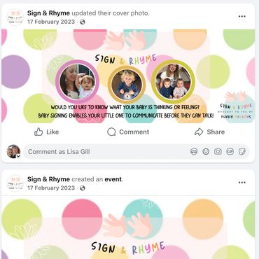Colorful Facebook posts promoting baby signing and sensory fun by Sign & Rhyme.