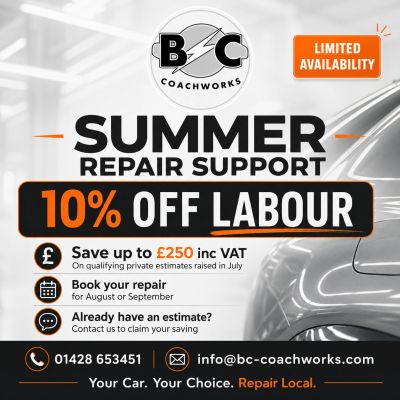 Summer repair support with 10% off labour at BC Coachworks.