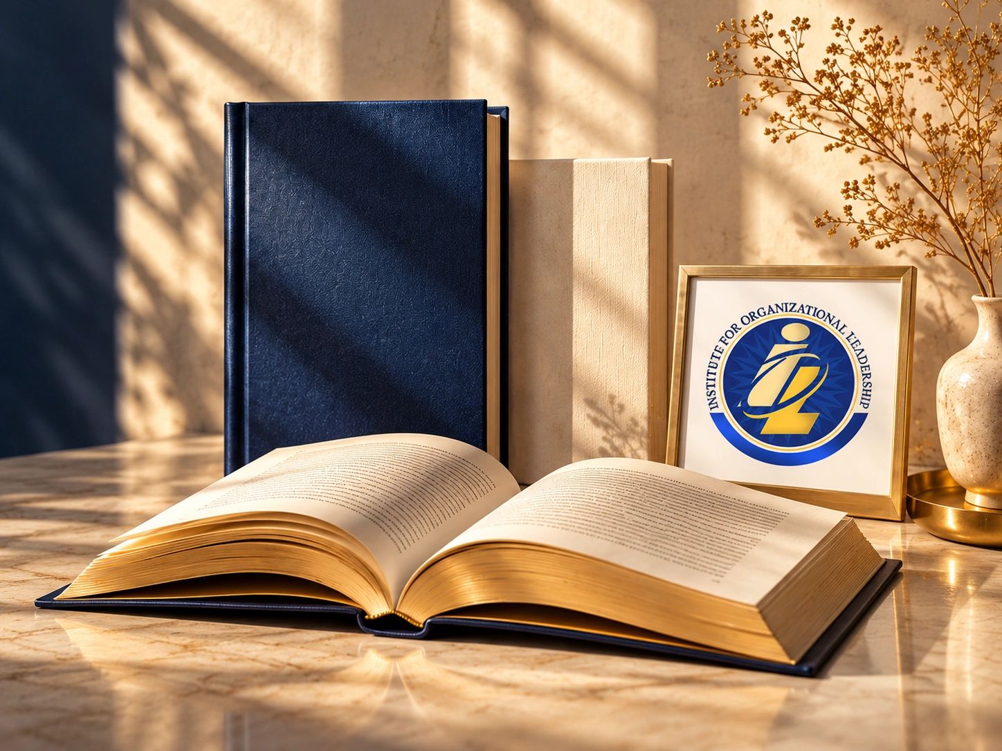 Books and a framed logo on a table with shadows.