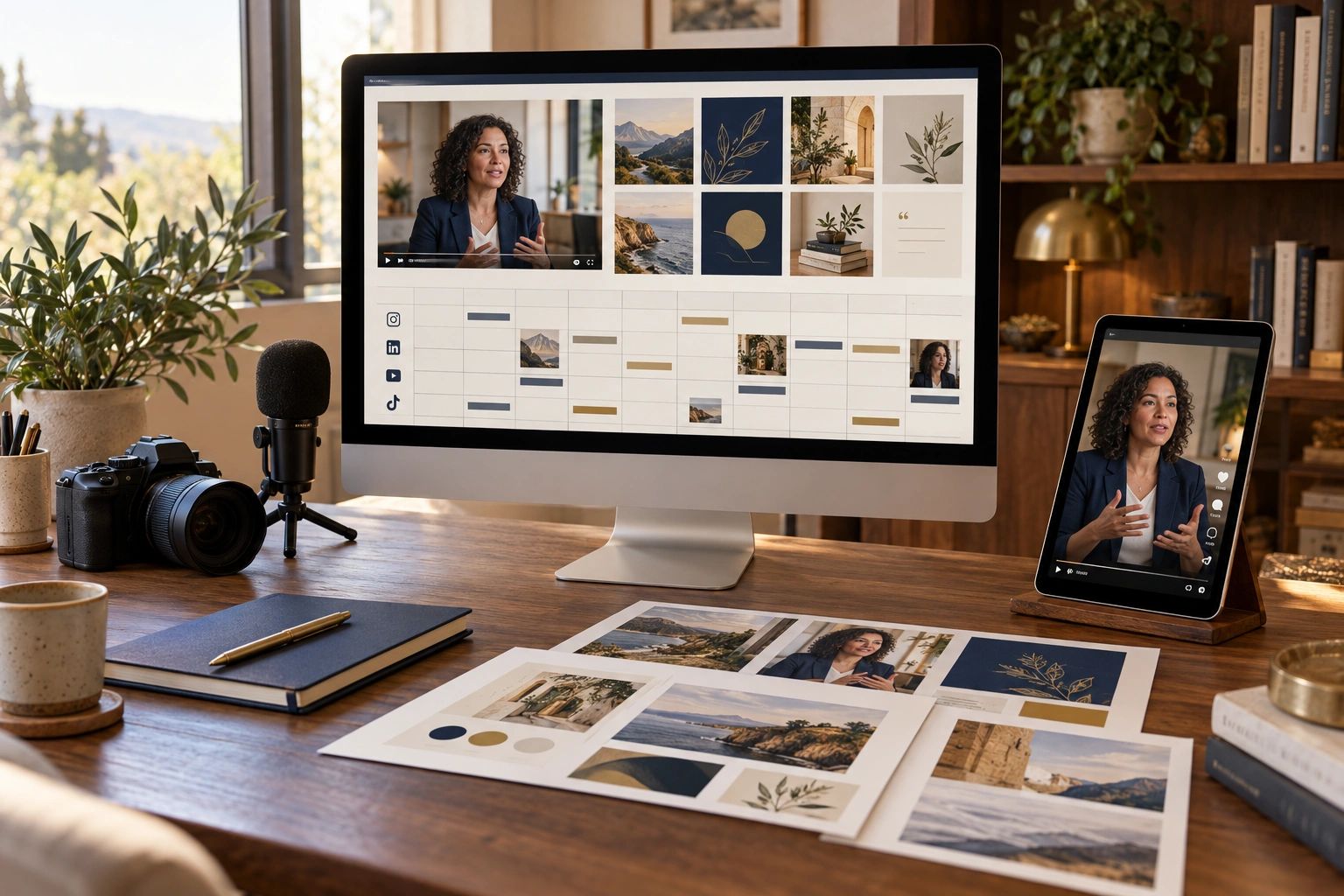 Workstation with video content on screen and tablet.