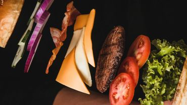 Partes de una hamburguesa preparada con sus diferentes ingredientes sobre fondo negro