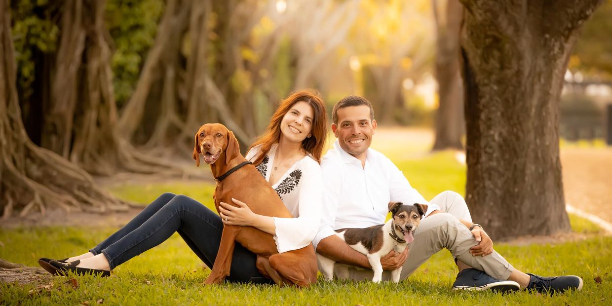 Couple sitting on grass with their two dogs, smiling happily in a sunlit park.