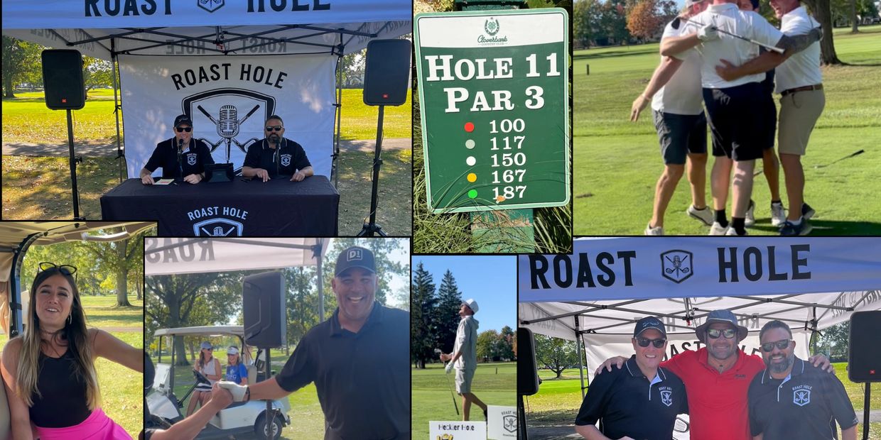 Golfers enjoy a fun day at a Roast Hole event on a sunny course.
