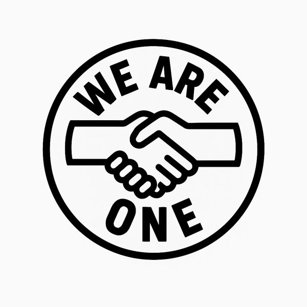 Handshake logo with text 'We Are One' in a circle.