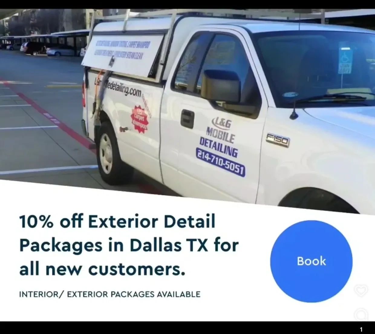 Mobile detailing truck offering 10% off exterior packages in Dallas TX for new customers.