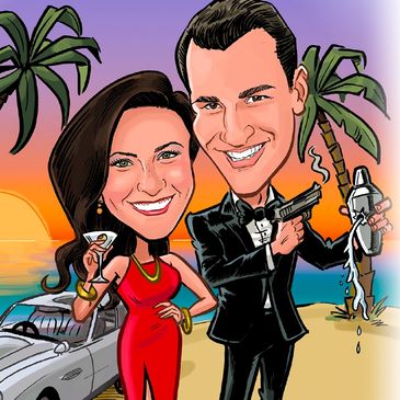 Caricature of a couple on a tropical beach at sunset.