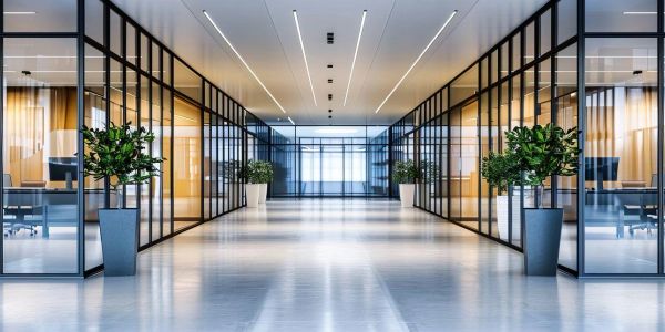Modern office corridor with glass walls and potted plants.