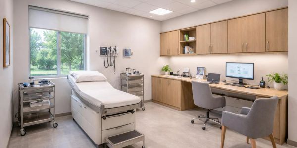 Modern medical examination room with natural light.