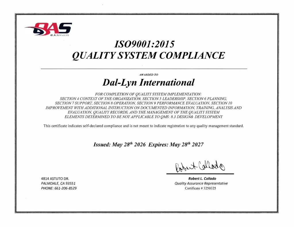 ISO9001:2015 quality system compliance certificate awarded to Dal-Lyn International.
