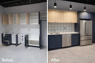 Complete kitchen cabinet installation with professional backsplash tile installation.