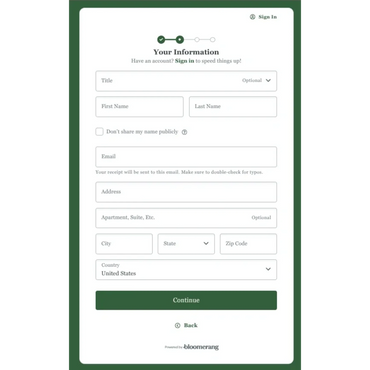 Online form for entering personal and address information with a progress indicator.