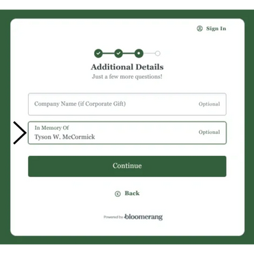 Form asking for additional details with fields for company name and memory dedication.