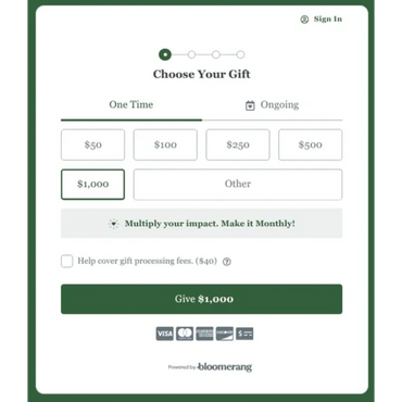 Donation form with preset gift amounts and monthly option.