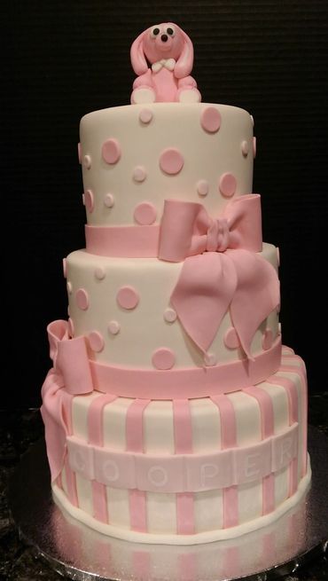 Pink bunny, poka dots, stripes, baby shower cake