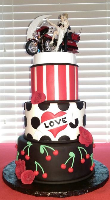 50's cheery, black, white, red wedding cake