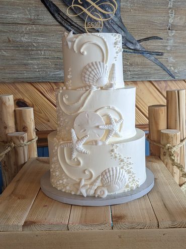 beach sea shell white buttercream wedding cake