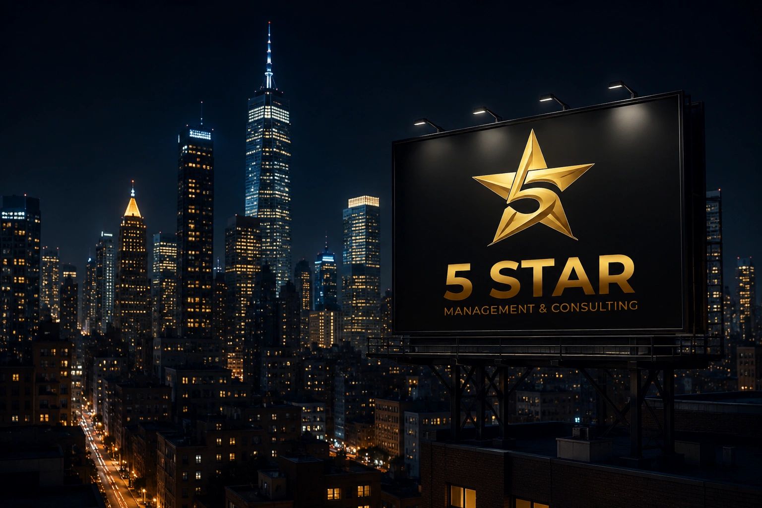 Night cityscape with a billboard advertising 5 Star Management & Consulting.