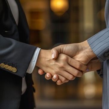 Two people shaking hands in business attire.