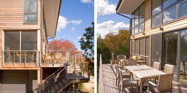 Wooden outdoor deck with chairs and tables at a modern house.