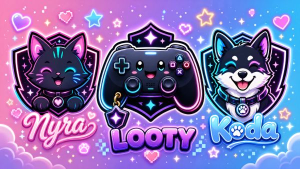 Cute neon-themed cartoon cats and a game controller with names.