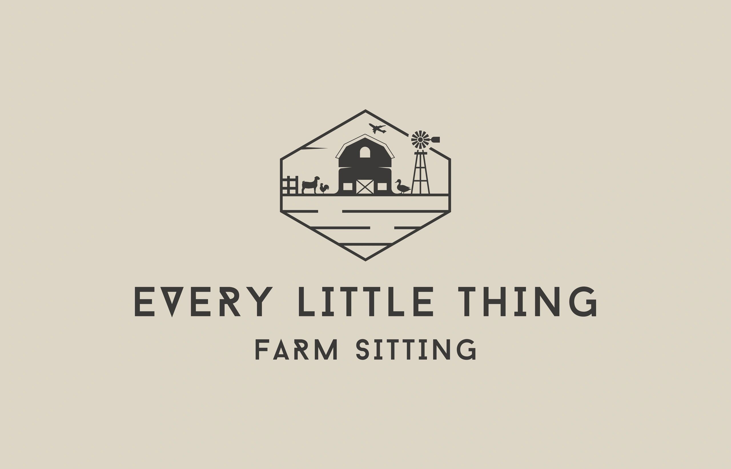 Logo for Every Little Thing Farm Sitting featuring a barn and farm animals.