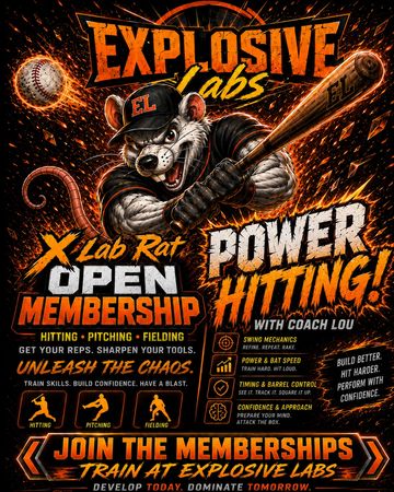 Aggressive rat baseball player promoting Explosive Labs training membership.