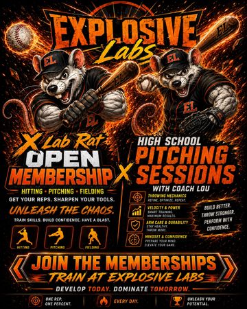 Explosive Labs baseball training with X Lab Rat, offering open membership and pitching sessions.