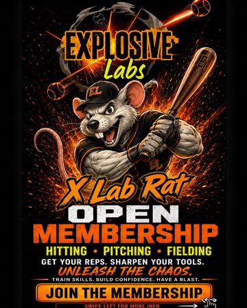 Illustration of a muscular rat playing baseball promoting Explosive Labs membership.
