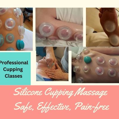 Collage of silicone cupping massage therapy and classes.