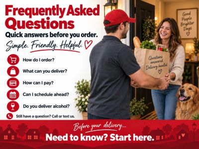 A delivery man hands a paper bag to a smiling woman at the door, FAQ text on the side.