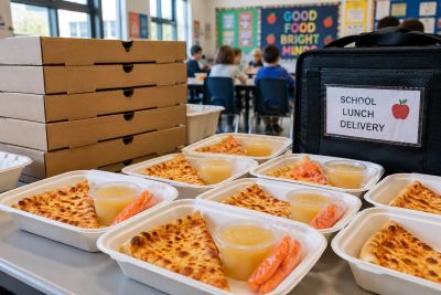 School lunch delivery with pizza and applesauce.