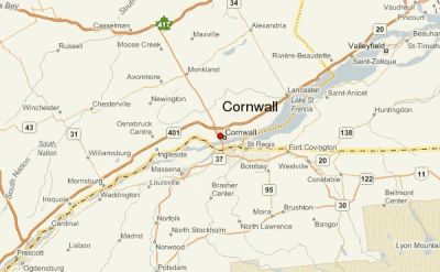 Map showing Cornwall and surrounding areas in Ontario, Canada.