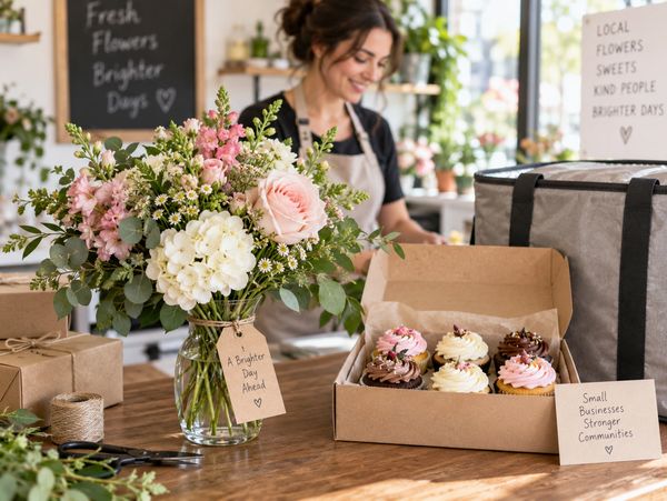 A flower bouquet and cupcakes on a table with a smiling woman in background.