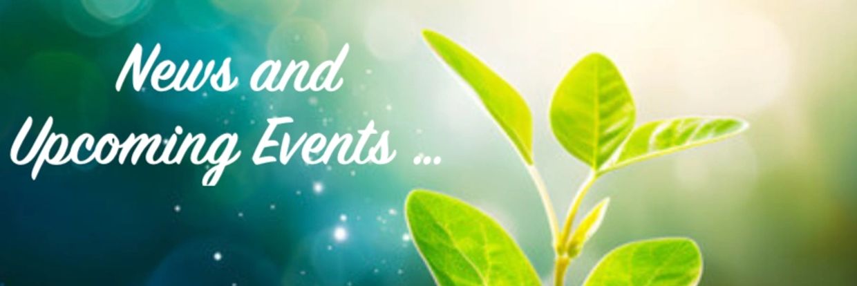 Green leaves with text 'News and Upcoming Events' on a blue-green gradient background.