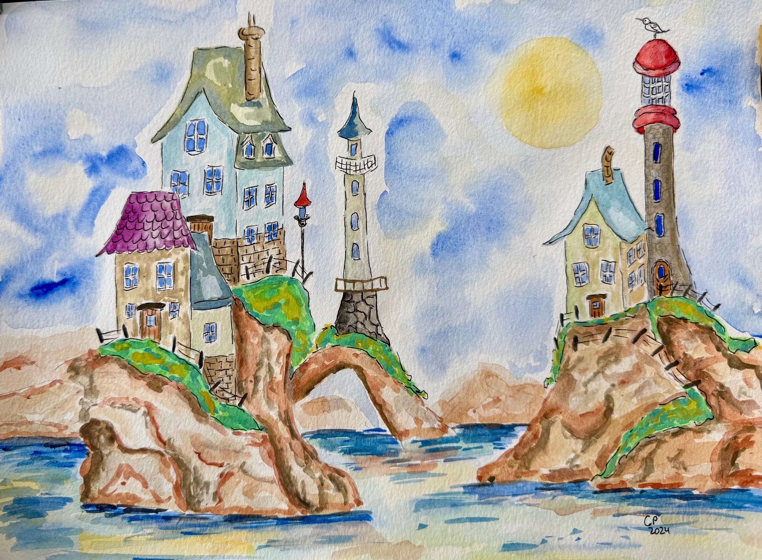 A whimsical watercolor painting of fantastical houses and lighthouses on rocky islands