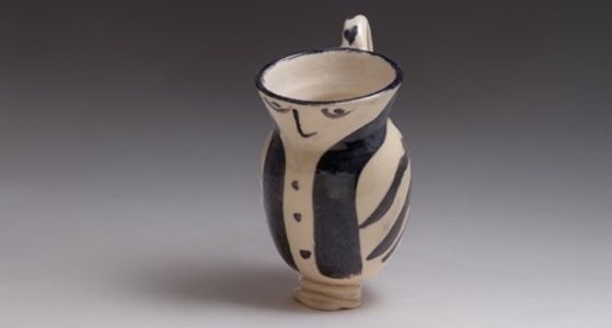 Curious handprinted ceramic bird vessel, stoneware clay.