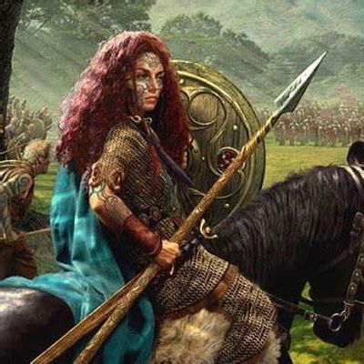 A profile view of Queen Boudicca on horseback donning her sword with a shield and spear in-hand!
