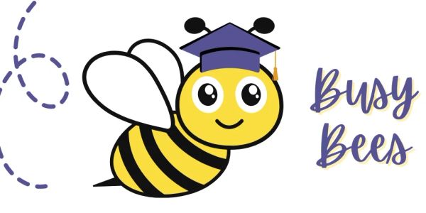 Cute bee with graduation cap and 'Busy Bees' text.