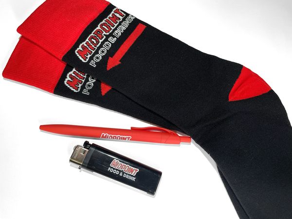 Close up of custom knitted branded socks pensa and lighters