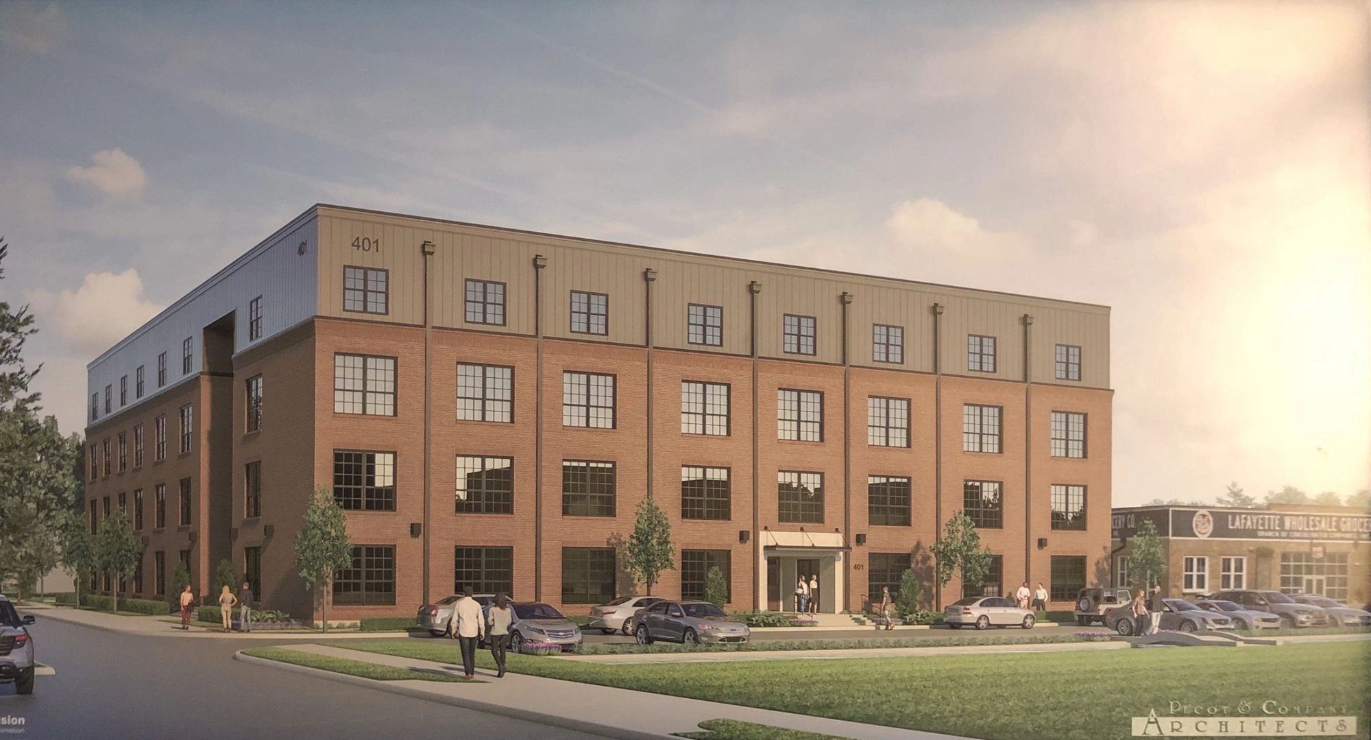 The Monroe Downtown in Lafayette Architectural Rendering 4 story brick apartment building