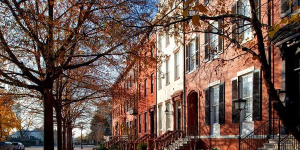Tree lined Brick Street in Downtown Lafayette with Townhomes and apartments