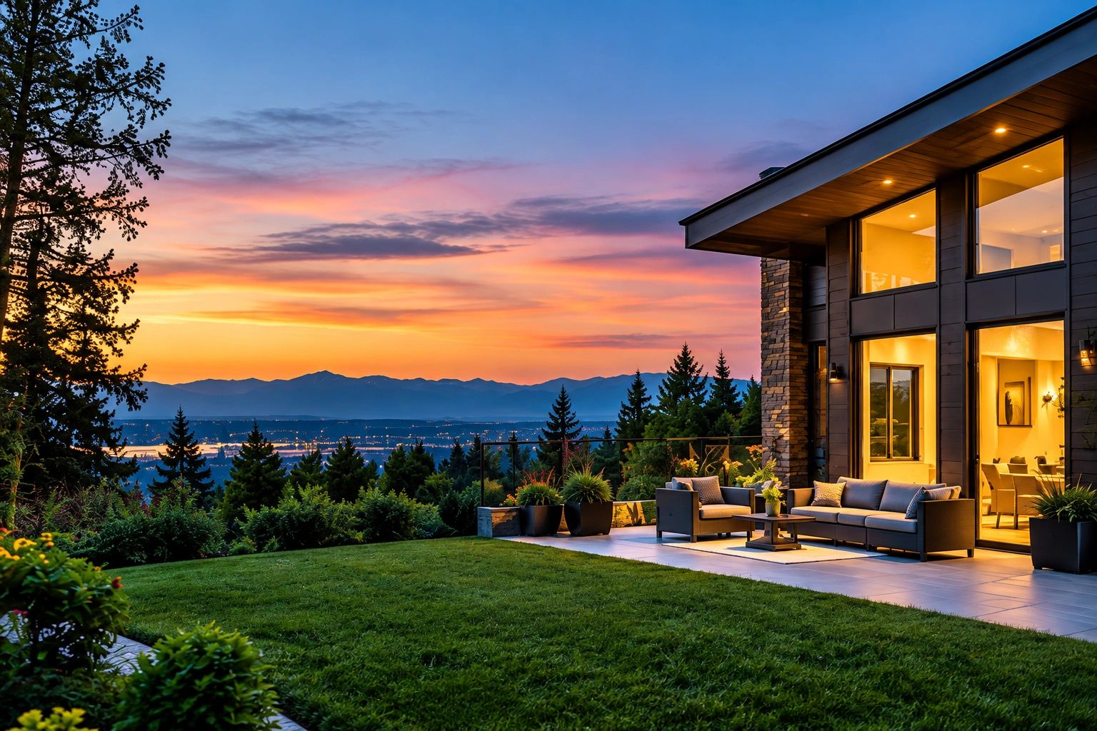 Modern house patio with sunset and mountain view.