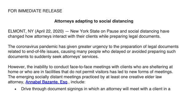 Annabel Bazante Law issues a press release on attorneys adapting to Social Distancing in New York
